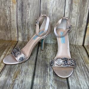Betsey Johnson Juno Campagne Satin Rhinestone Prom Bride Formal Heels Sz 7